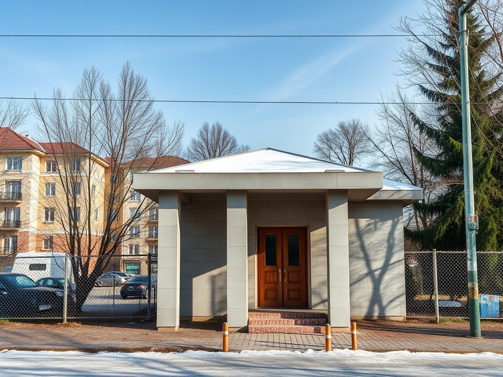 Современное здание с крышей в форме треугольника, расположенное рядом с многоэтажкой и деревьями.