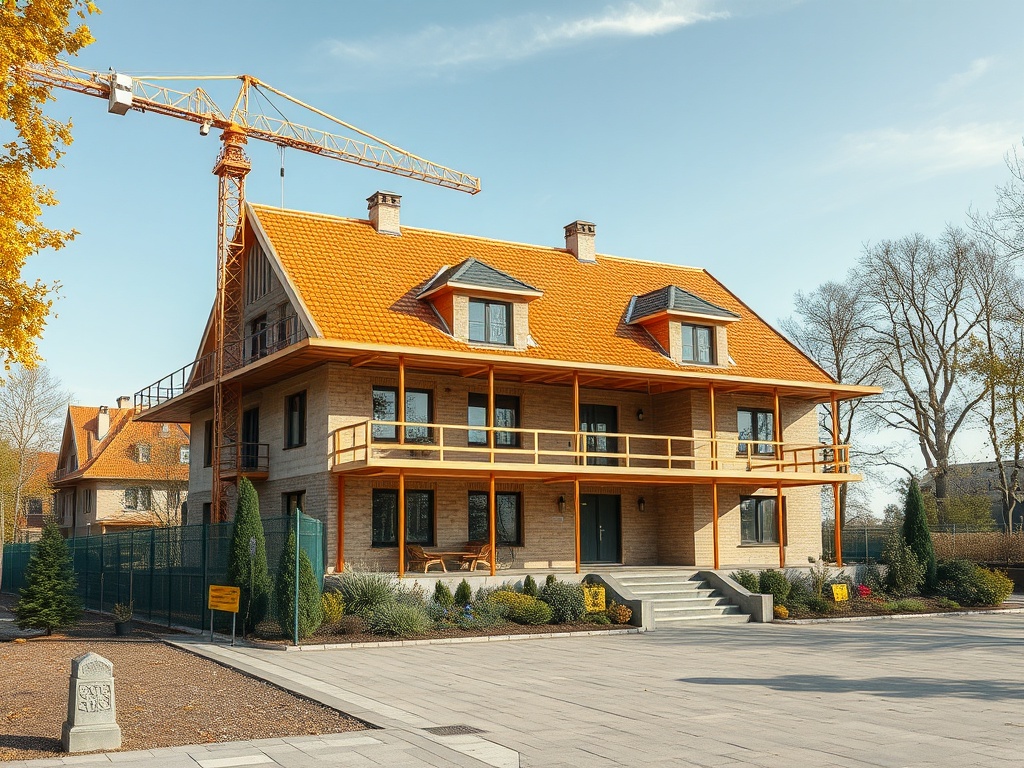 Новый дом с оранжевой крышей и строительным краном, окружённый зеленью и забором.