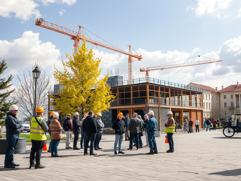 Группа людей на строительной площадке, рядом с кранами и новым зданием, в солнечный день.