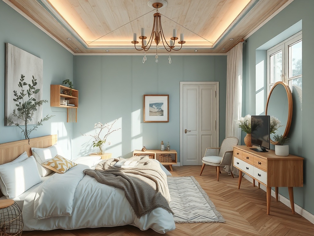 Современная спальня с двуспальной кроватью, телевизором и светлыми стенами. Уютная атмосфера и стильный декор.