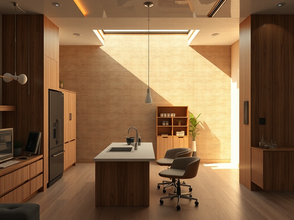 Современная кухня с деревянными стенами и светлым интерьером, большой остров и обеденные стулья.