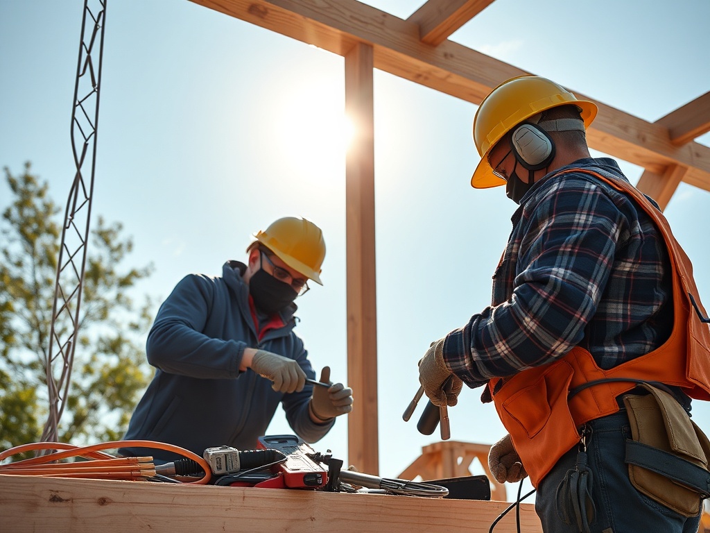 Рабочие в защитной одежде на строительной площадке, используя инструменты под солнечным светом.