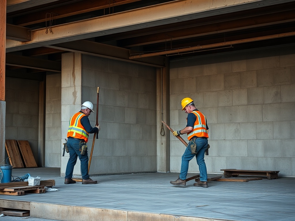 На строительном объекте два рабочего в защитной одежде, использующие инструменты для работы.