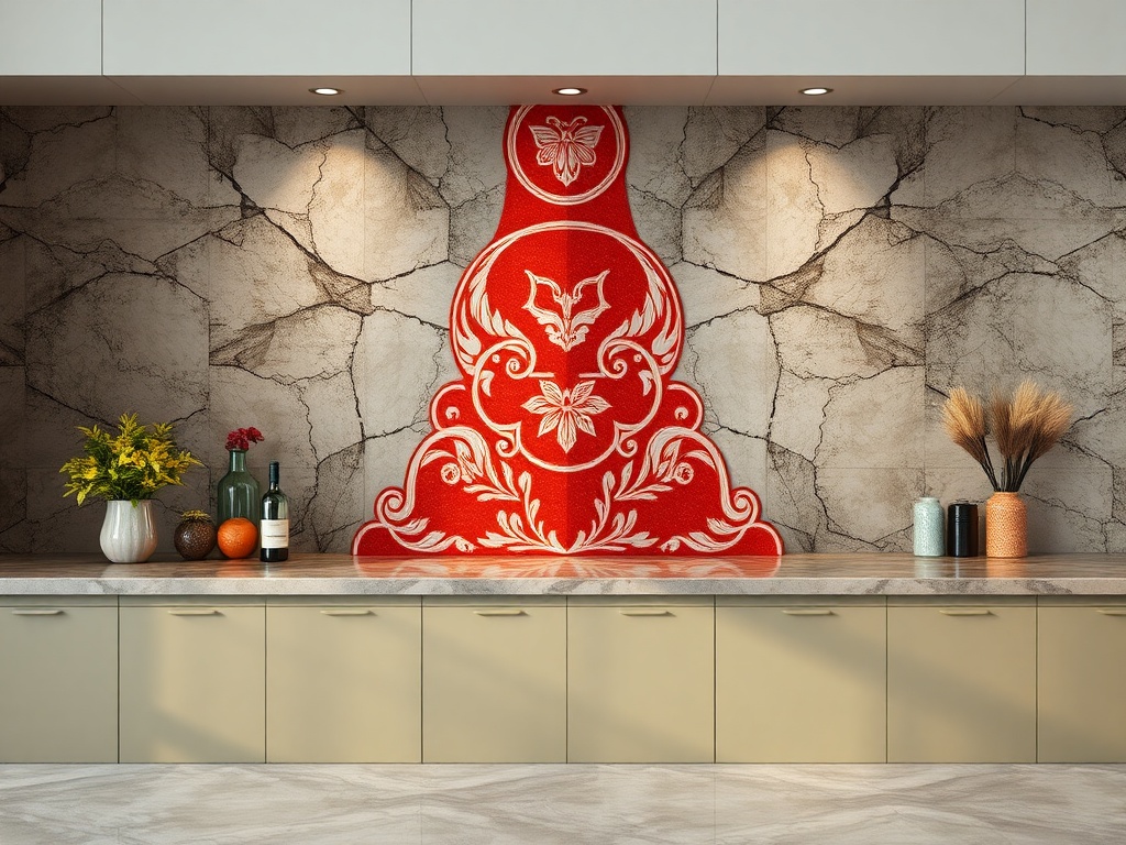 Красный фон с изысканным рисунком, современная кухня с растениями и декоративными предметами.