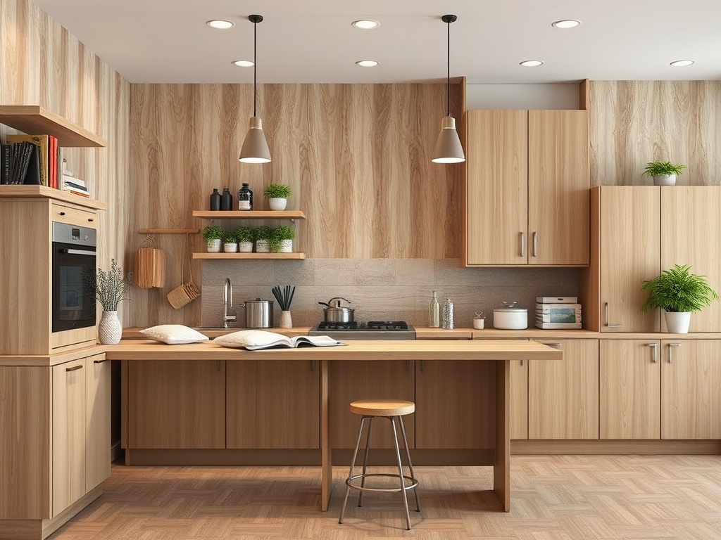 Современная кухня с деревянными шкафами, столом и аксессуарами, оформленная в светлых тонах.