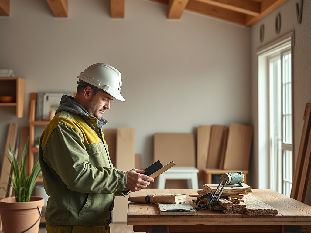 Рабочий в строительной каске проверяет планы на столе среди инструментов и деревянных материалов.