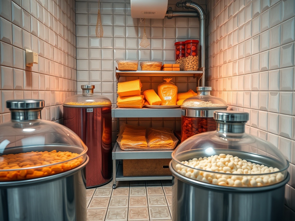 На полках хранилища организованы контейнеры с продуктами и упаковками желтого цвета.