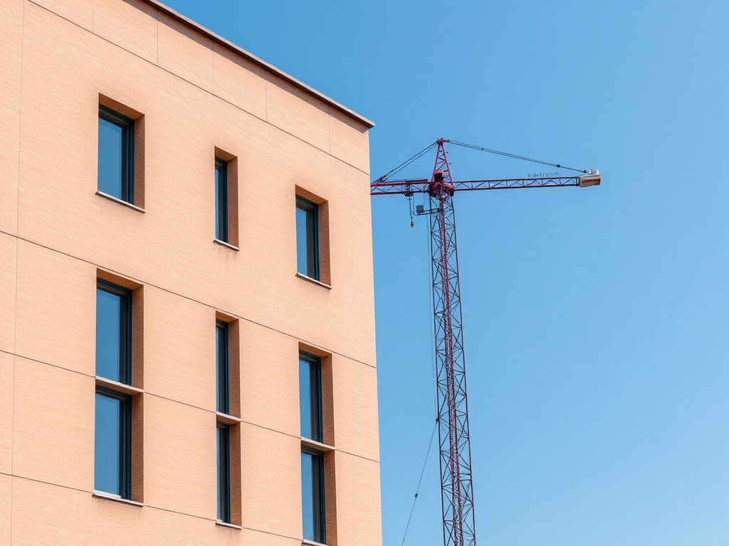 Стена здания с окнами и строительный кран на фоне ясного голубого неба.