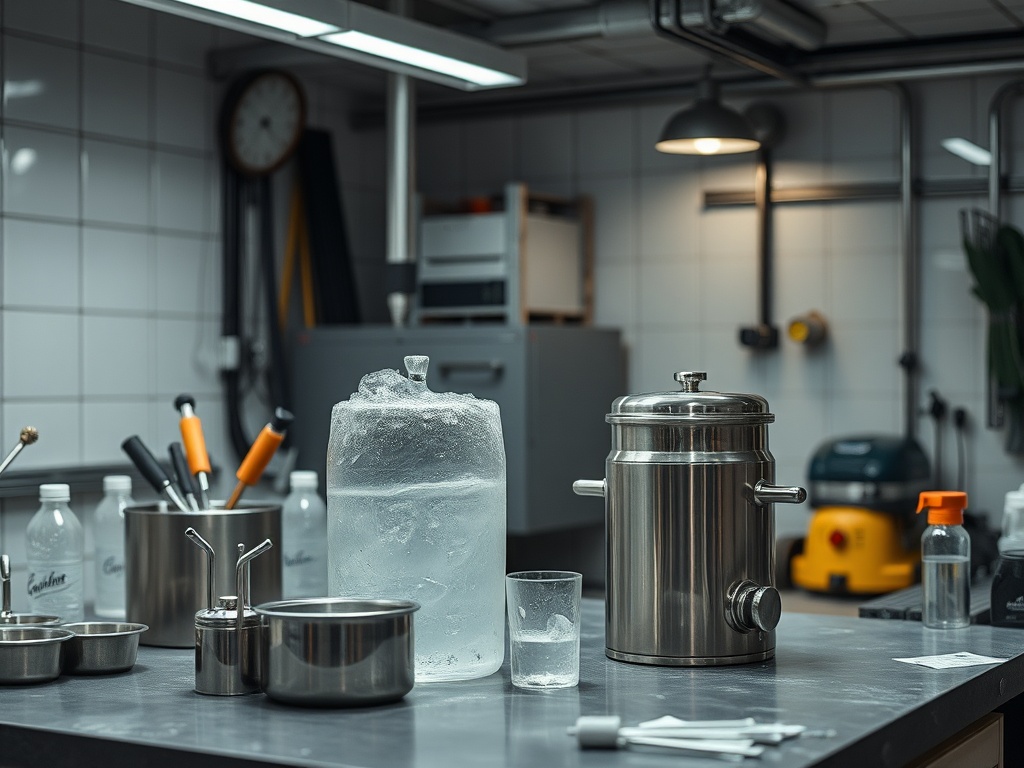 На столе располагаются металлические контейнеры, лед и бутылки, окруженные современным оборудованием.