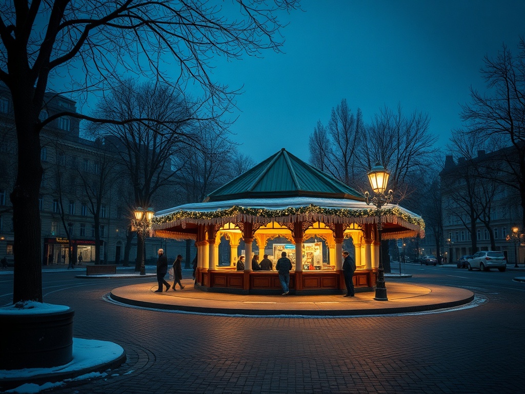 Народный павильон на улице в темное время суток, украшенный огнями и снегом. Зима в городе.