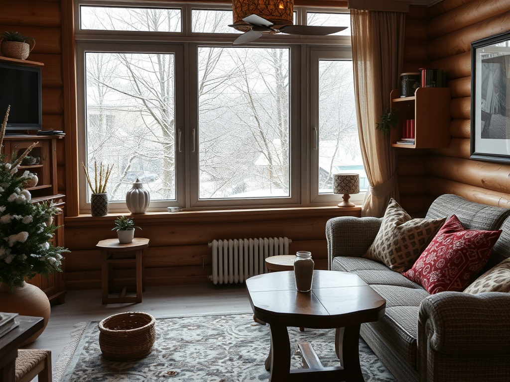 Уютная комната с диваном, столом и окнами, за которыми идет снег. Деревянные стены, теплый интерьер.