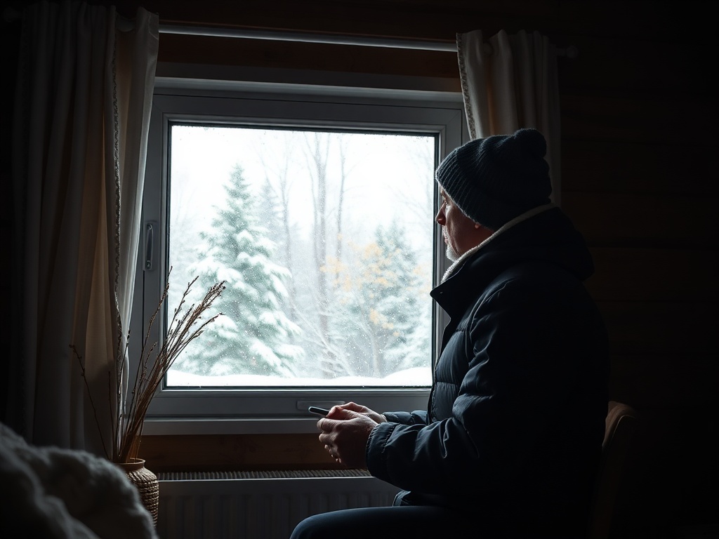 Человек в шапке сидит у окна, смотря на зимний пейзаж и падающий снег. В комнате царит уютная атмосфера.