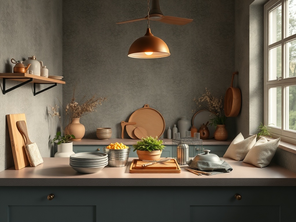 Уютная кухня с деревянными элементами, посудой и зелеными растениями на столе и полках.
