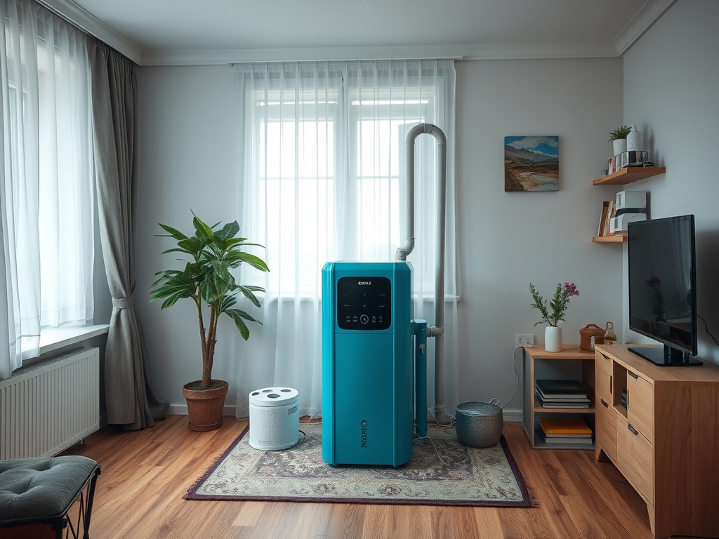 В комнате стоит голубой осушитель воздуха рядом с растением и телевизором на деревянной мебели.