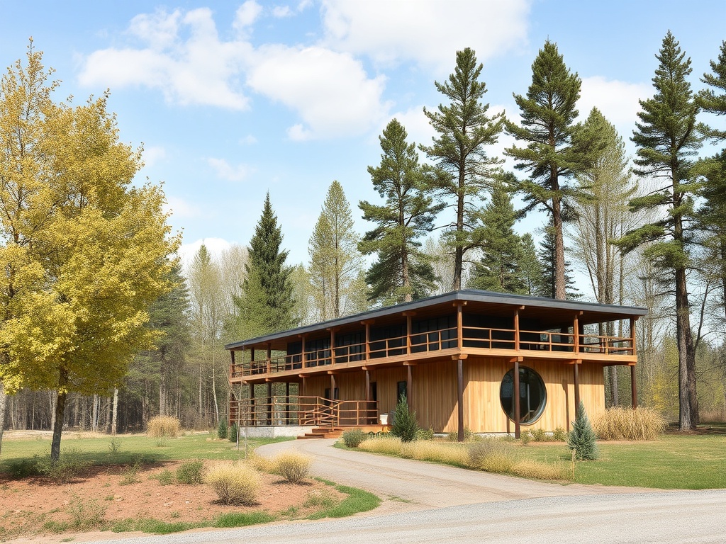 Современный дом с деревянной отделкой, окруженный зелеными деревьями и открытым пространством.