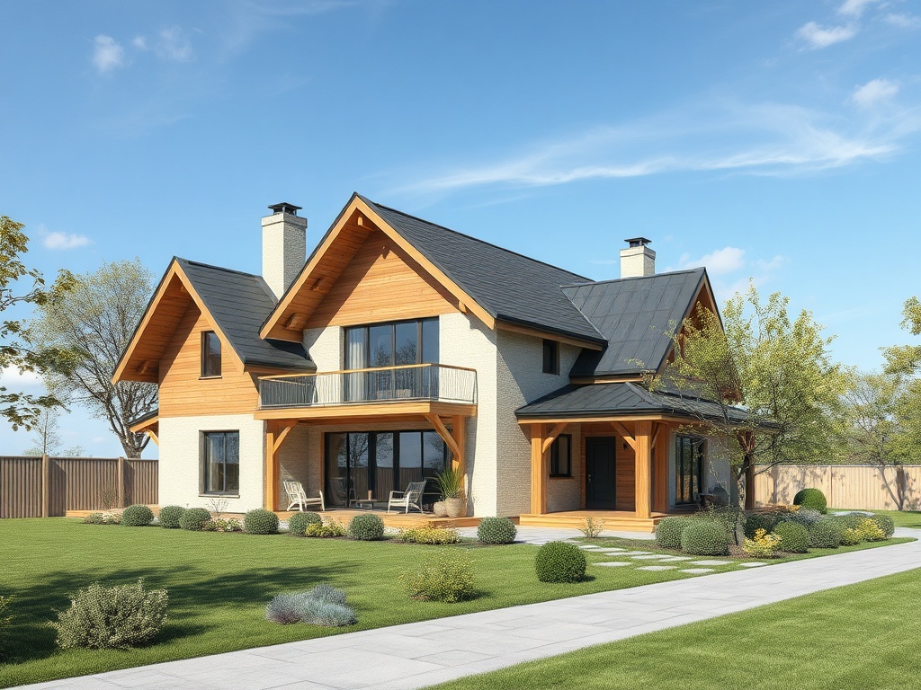Современный коттедж с деревянными и кирпичными элементами на фоне зелёного сада и чистого неба.
