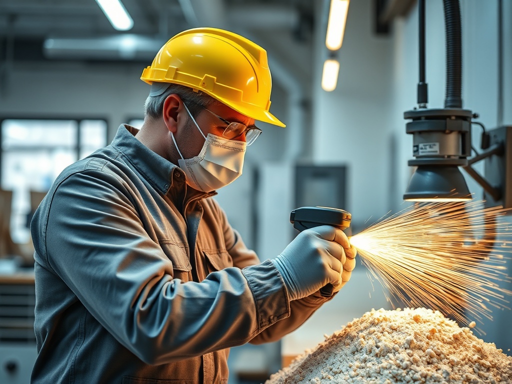 Рабочий в защитной маске и каске использует инструмент, создавая искры на завале материала в мастерской.