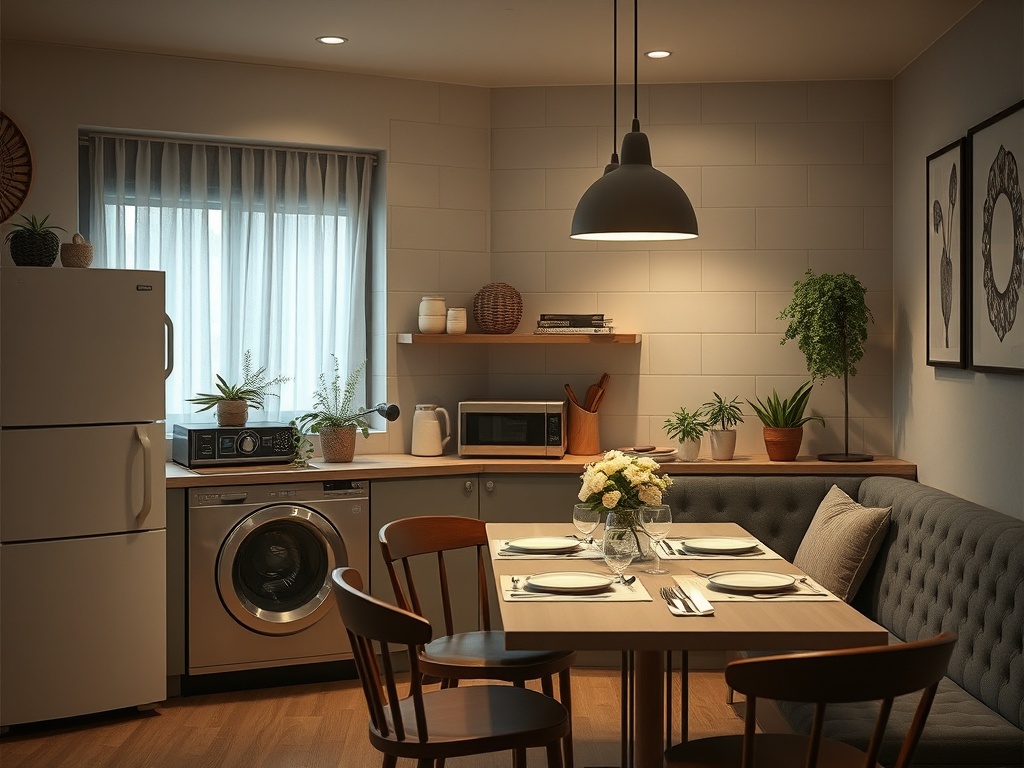 Современная кухня с обеденной зоной, стиральной машиной и растениями на полках. Уютное освещение и декор.