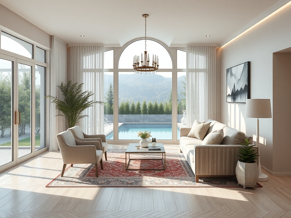Светлая гостиная с большими окнами, видом на бассейн и зелень, оформленная уютной мебелью и растениями.