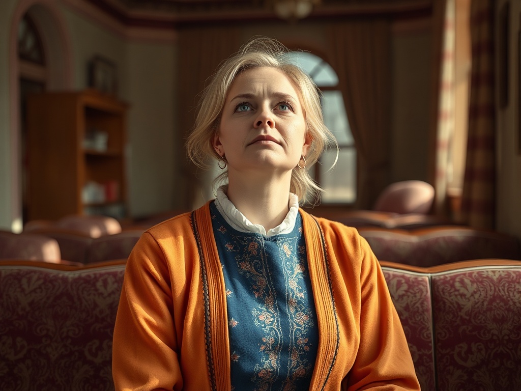 Женщина в традиционной одежде, сидит в комнате с мягкой мебелью, смотрит в окно, задумчиво.