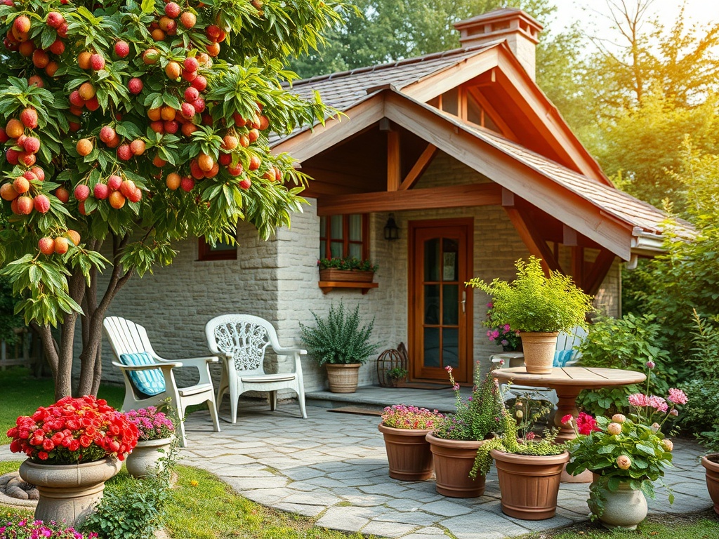 На фото уютный дом с красными яблонями и цветами на террасе в солнечном саду.