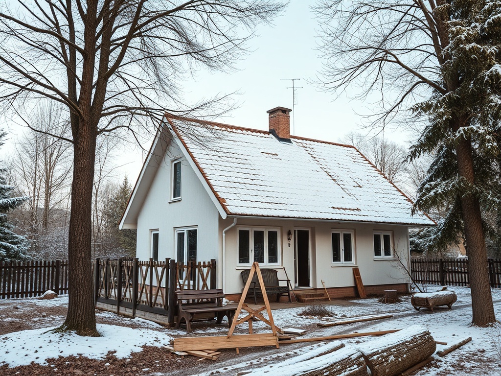 На фото дом с белыми стенами и крышей, покрытой снегом, окружённый деревьями и деревянным забором.