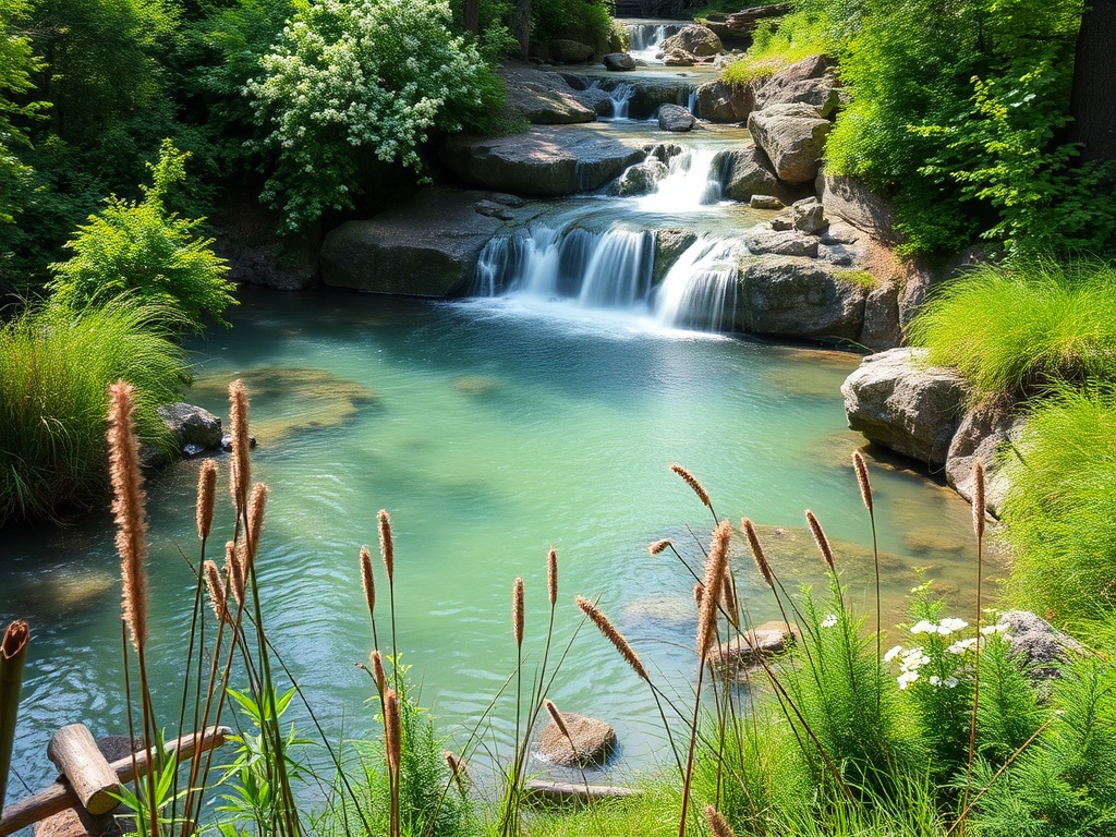 Ночной пейзаж с водопадом на фоне зелени и спокойного озера, окруженного травами и камнями.