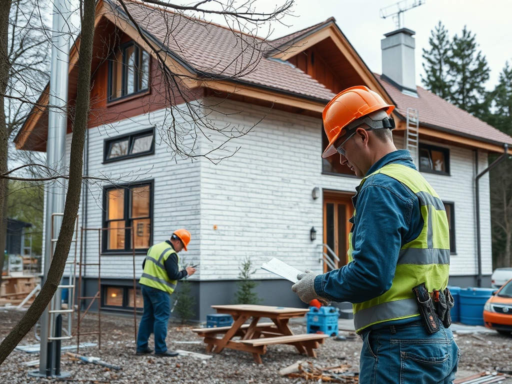 Два строителя в касках работают на строительной площадке рядом с новым домом. Один проверяет документы.