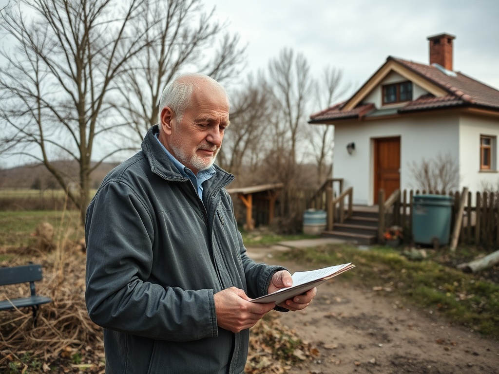 Пожилой мужчина читает лист бумаги на фоне загородного дома и деревьев. Осень, облачное небо.
