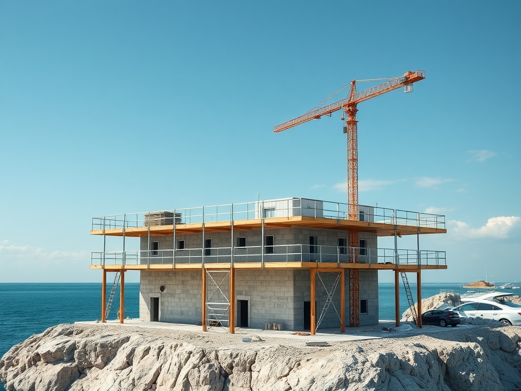 Строящийся дом на скале у моря, с кранами и голубым небом на фоне.
