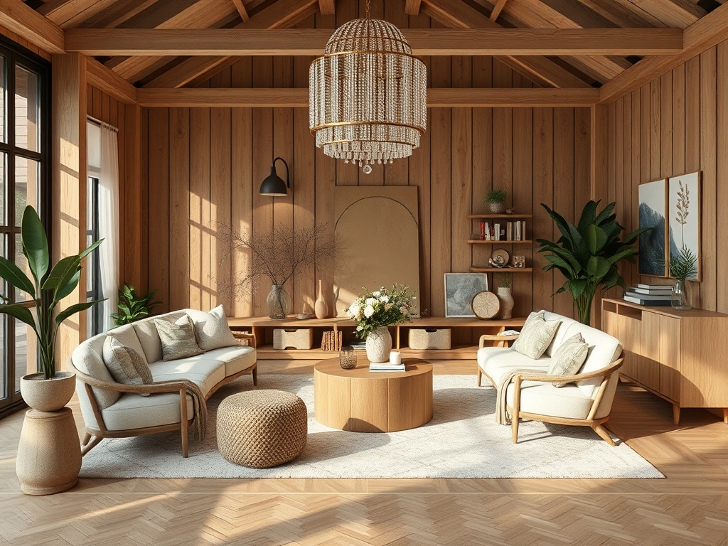 Современный интерьер с деревянными стенами, уютной мебелью и яркими растениями в светлой комнате.