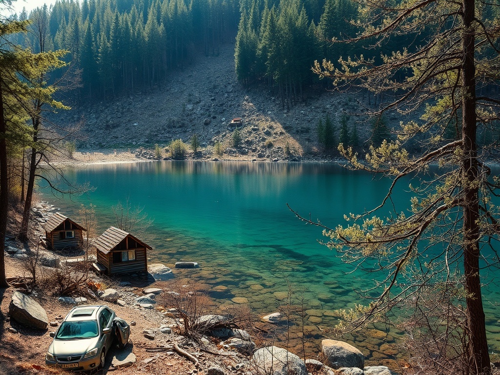 Красивая природа с голубым озером, рядом деревянные домики и автомобиль на каменистом берегу.