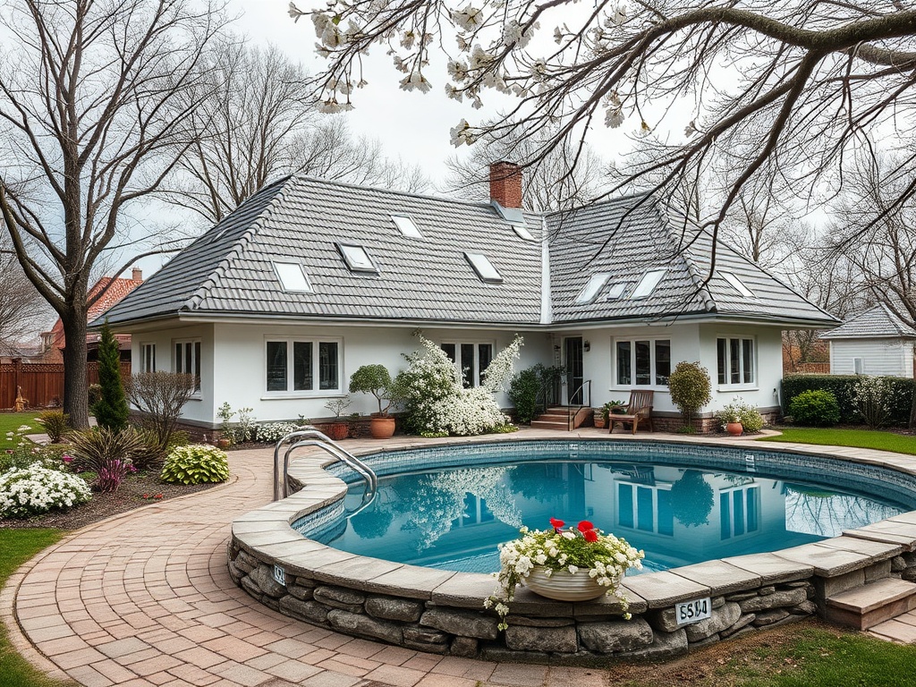Современный дом с бассейном в саду, окружённый цветами и зелеными растениями. Мягкое освещение весеннего дня.