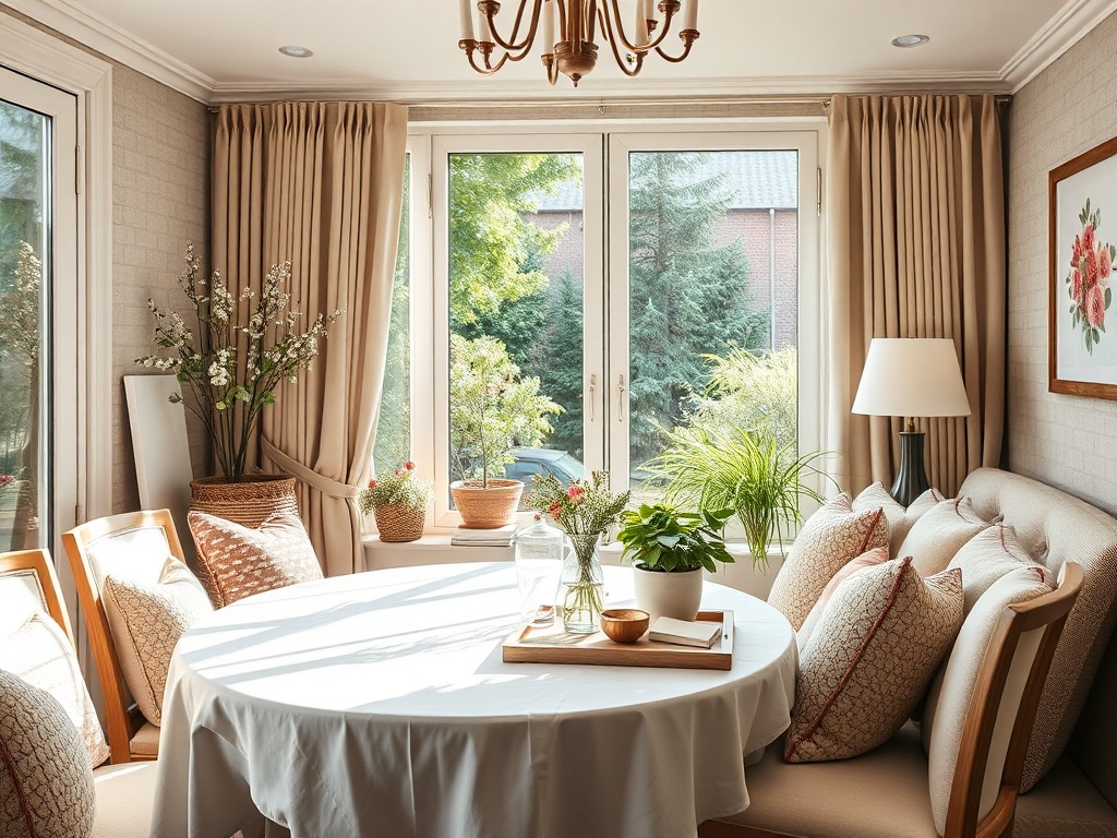 Уютная столовая с круглым столом, растениями и окнами, через которые виден зеленый двор.